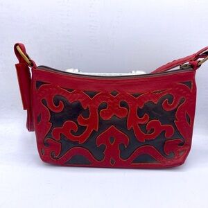Leaders In Leather Red And Dark Brown Leather Small Zippered Bag/Purse  EUC
